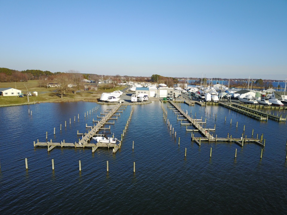 Aerial view of the Eastern Bay Yachting Center docks and slips