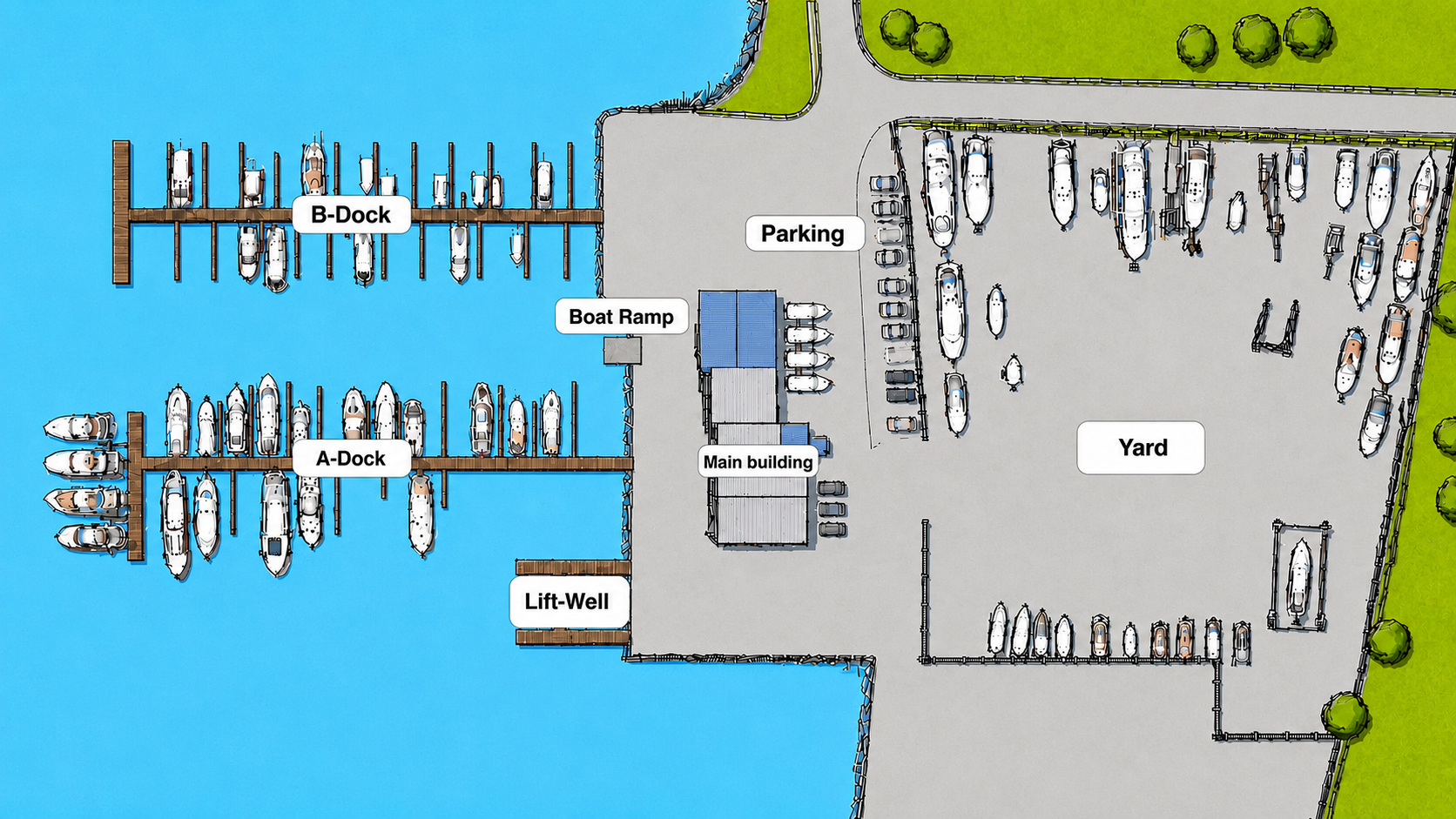 Illustrated overhead map of the marina property